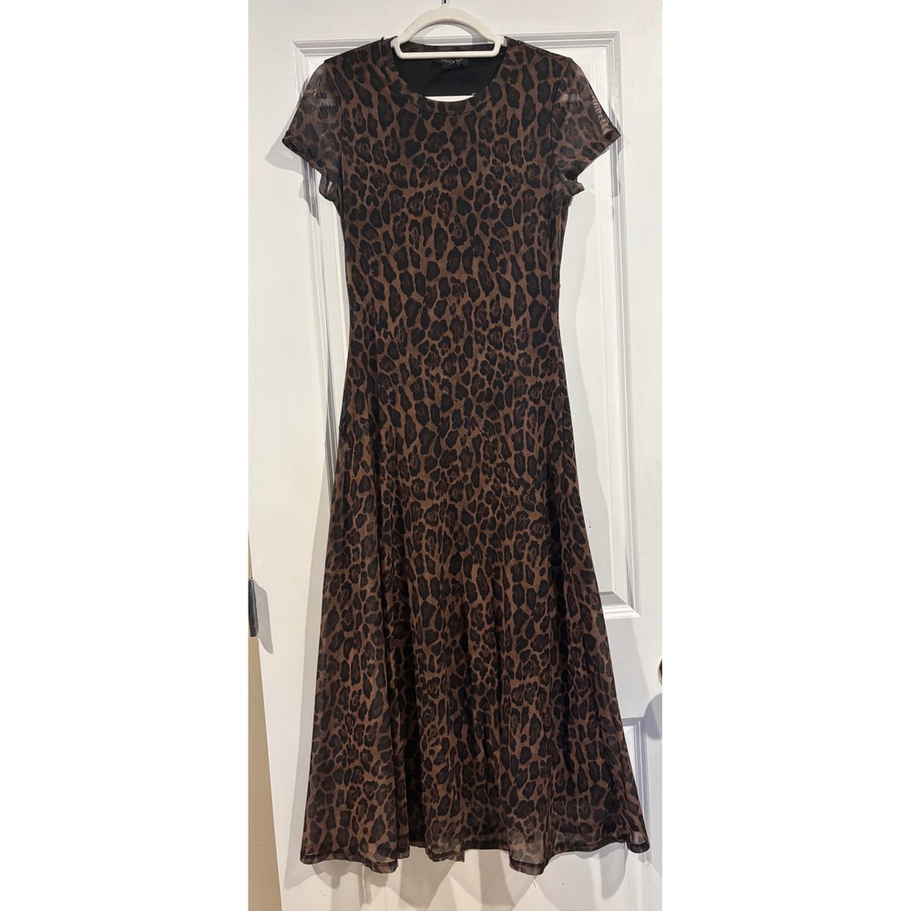 Rachel Zoe Womens Leopard Print Mesh Long Dress Brown Black Cap Sleeve Size S